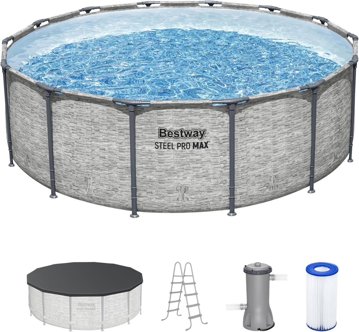 Steel Pro MAX 14 Foot x 48 Inch Round Steel Frame Above Ground Pool Set With 1,000 Filter Pump, Ladder And Cover - Gray