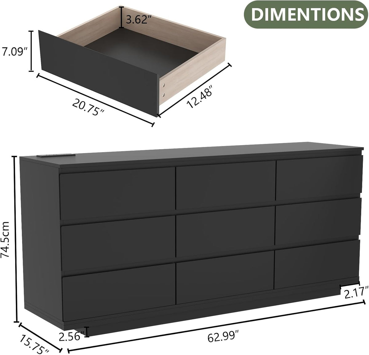 Floating Black 9-Drawer Dresser With LED Light And Power Outlet