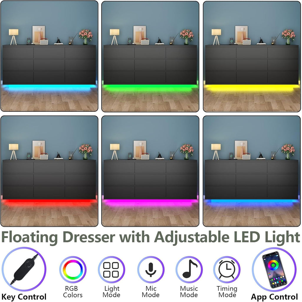 Floating Black 9-Drawer Dresser With LED Light And Power Outlet