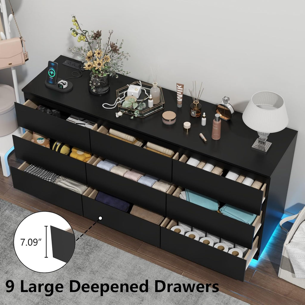 Floating Black 9-Drawer Dresser With LED Light And Power Outlet