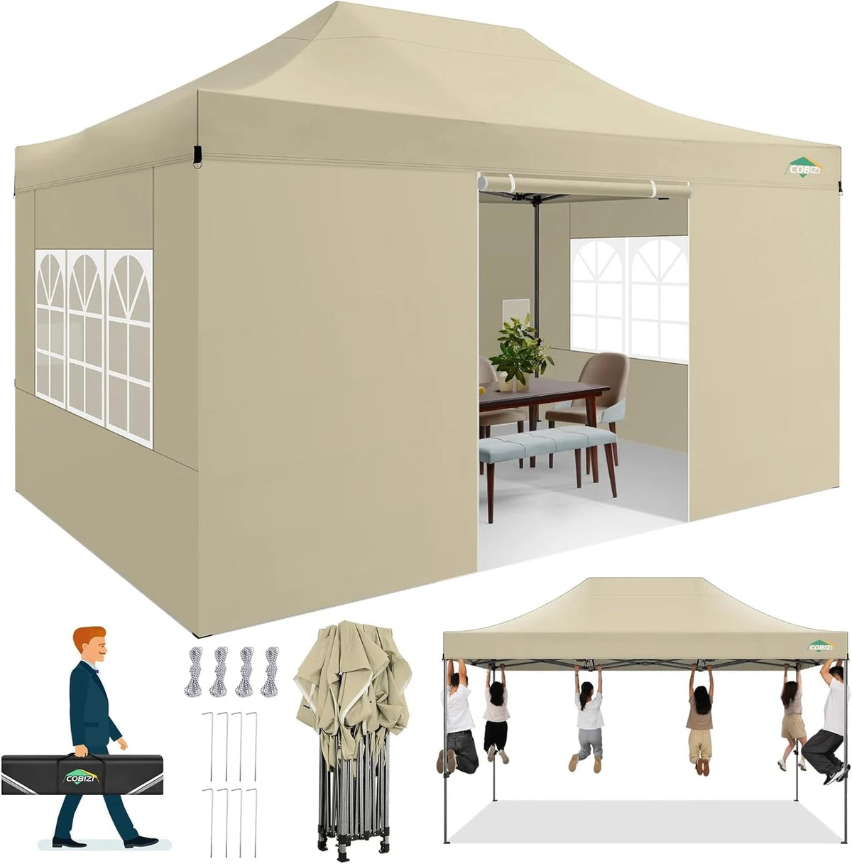 COBIZI 10x20 Heavy Duty Pop-Up Canopy Tent With 6 Sidewalls - Black