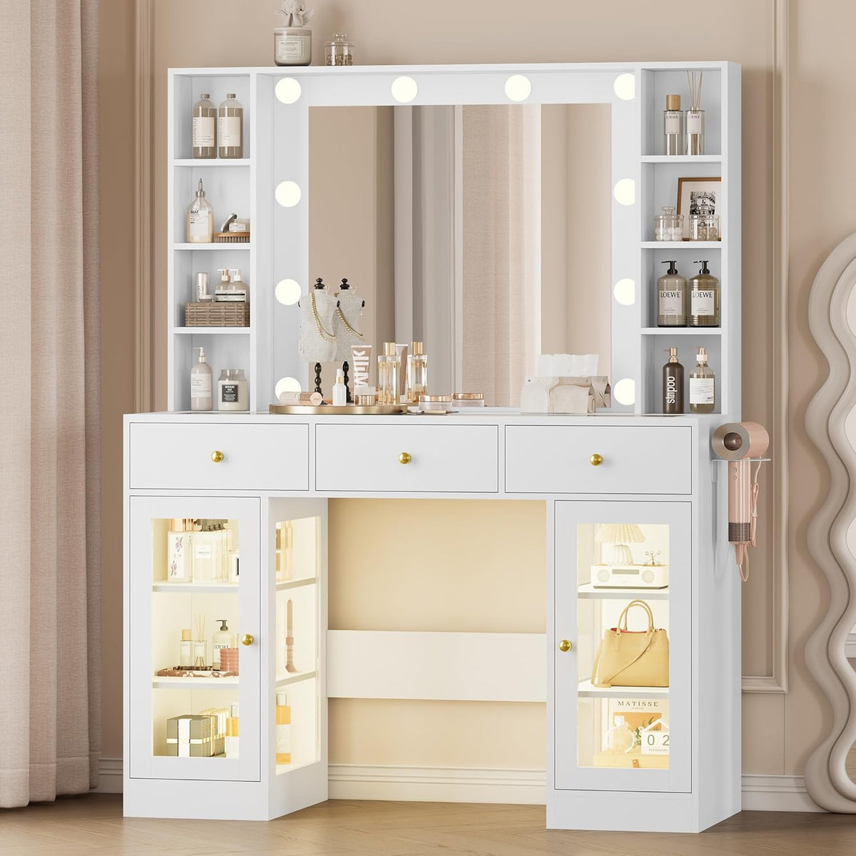 Makeup Vanity Desk With Mirror, LED Lights, Glass Top, 3 Drawers And 2 RGB Glass Cabinets, White