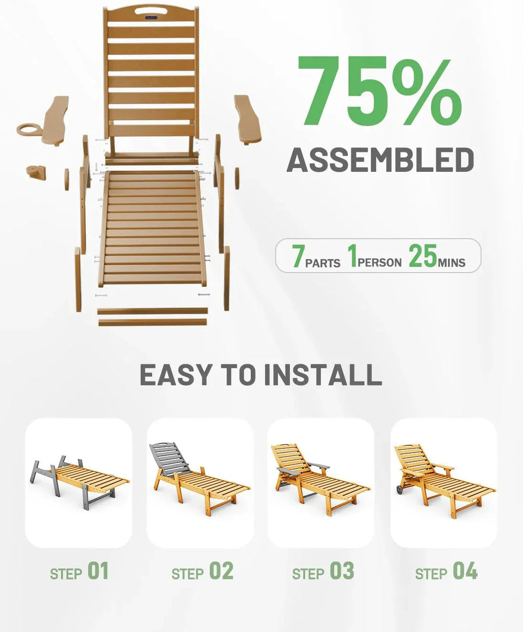 SUUNYN HDPE 6-Position Outdoor Chaise Lounge Chair With Wheels And Cup Holder - Teak