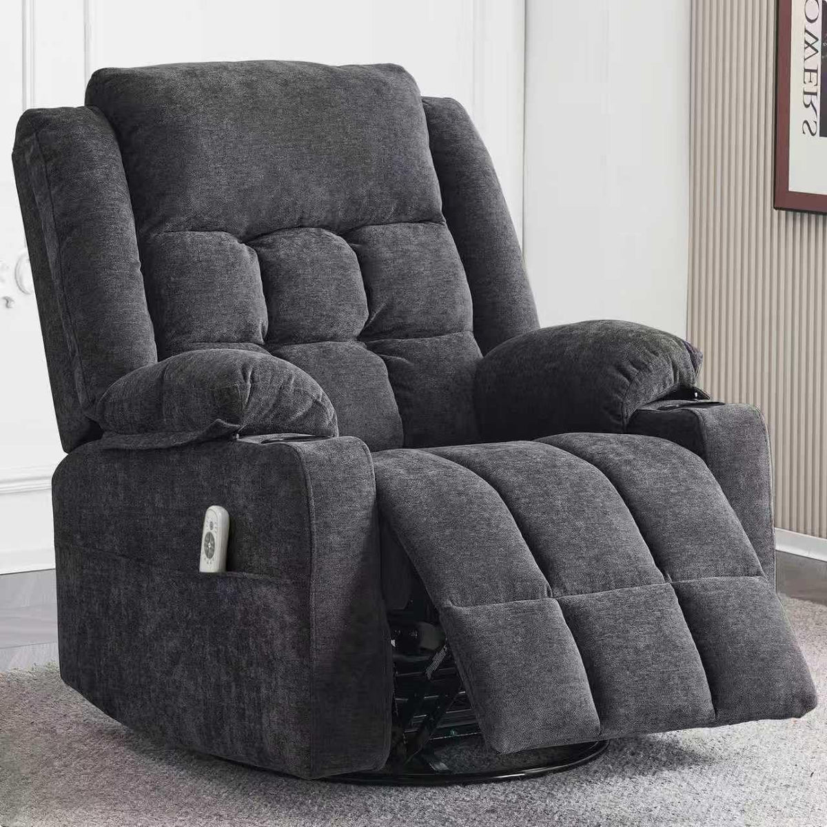 Power Swivel Rocker Recliner Chair With Massage, Heat, USB And Type-C Ports - Dark Grey Fabric