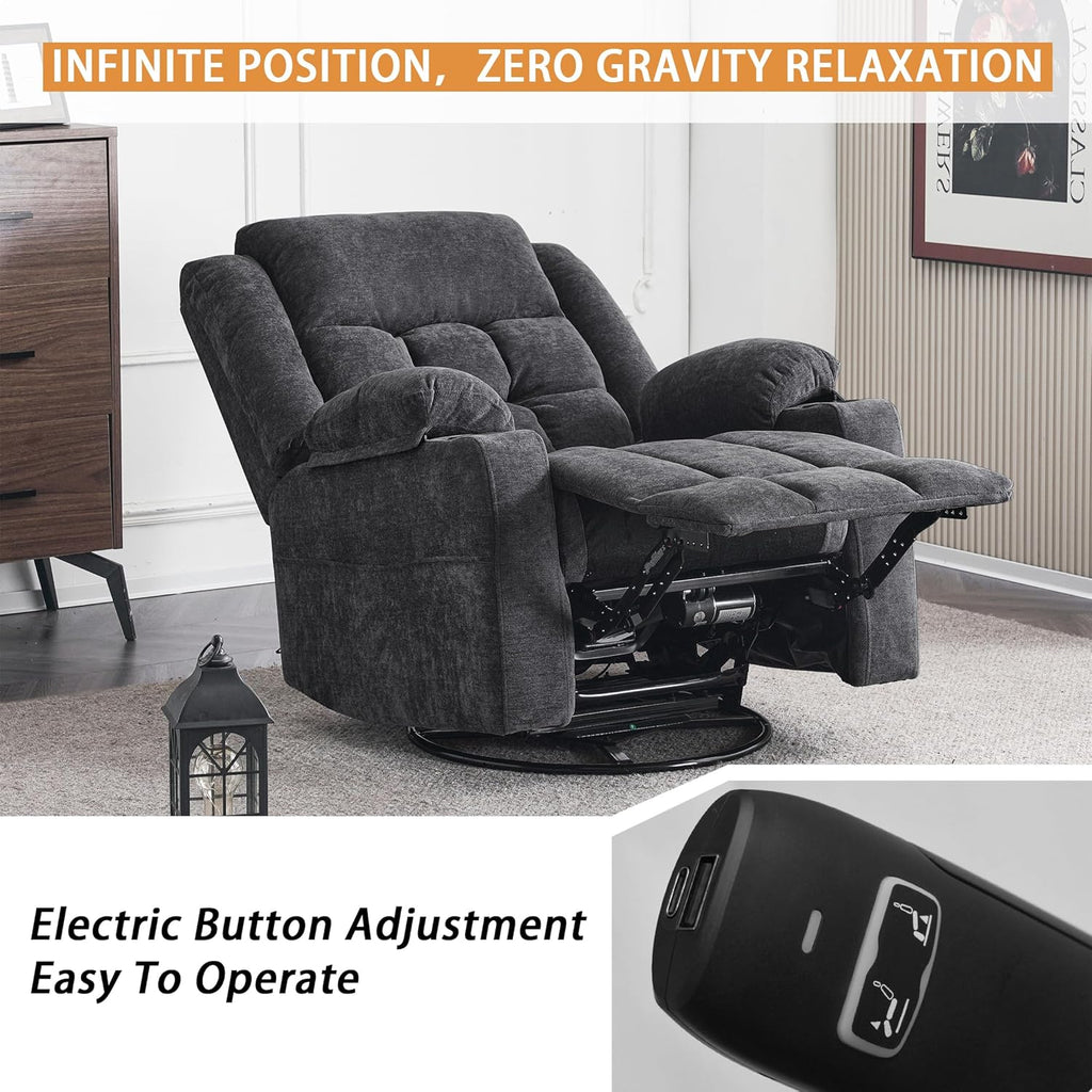 Power Swivel Rocker Recliner Chair With Massage, Heat, USB And Type-C Ports - Dark Grey Fabric