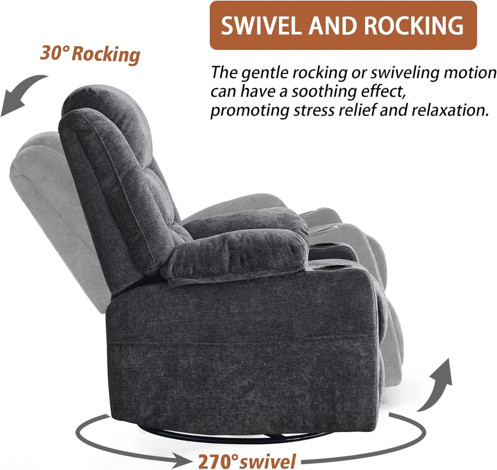 Power Swivel Rocker Recliner Chair With Massage, Heat, USB And Type-C Ports - Dark Grey Fabric