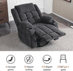 Power Swivel Rocker Recliner Chair With Massage, Heat, USB And Type-C Ports - Dark Grey Fabric