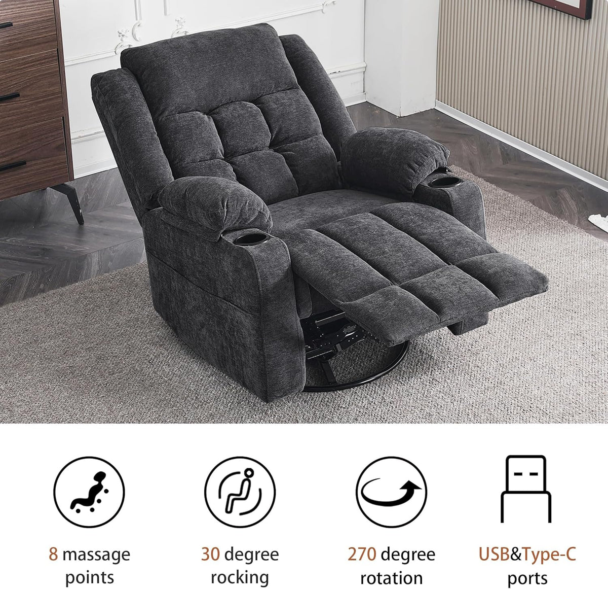 Power Swivel Rocker Recliner Chair With Massage, Heat, USB And Type-C Ports - Dark Grey Fabric