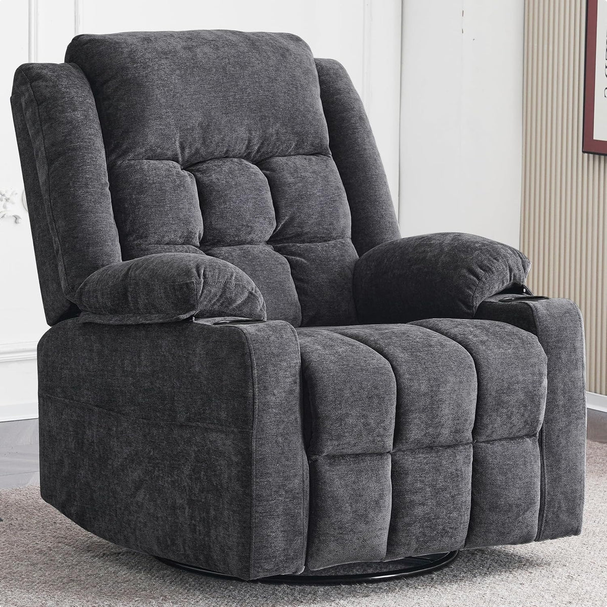 Power Swivel Rocker Recliner Chair With Massage, Heat, USB And Type-C Ports - Dark Grey Fabric
