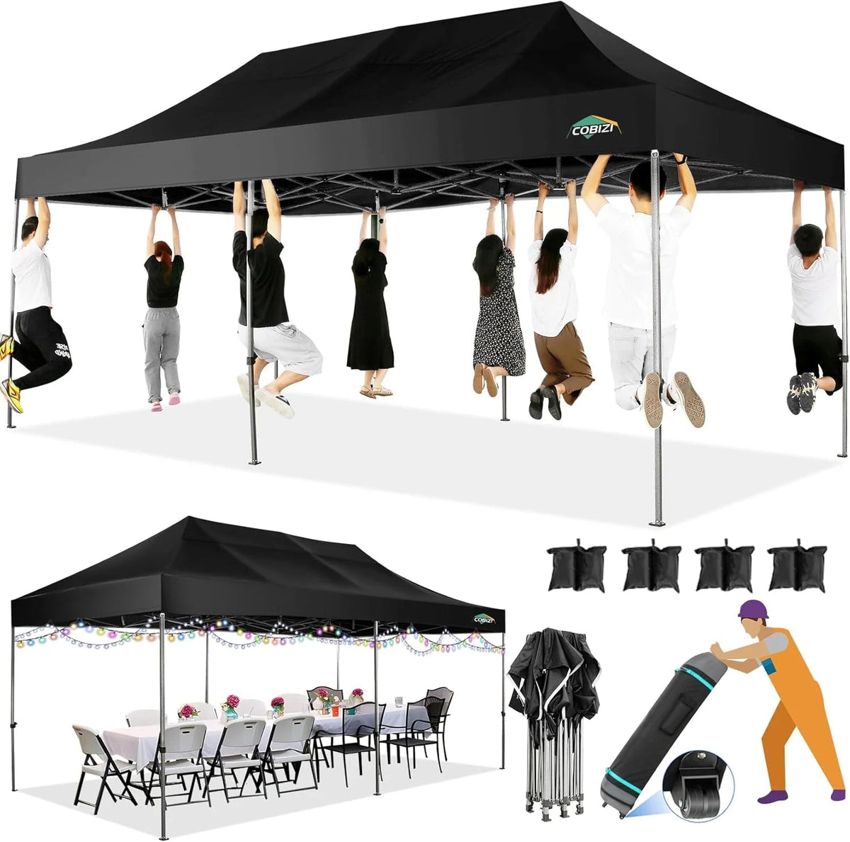 COBIZI 10x20 Heavy Duty Pop-Up Canopy Tent With 6 Sidewalls - Black
