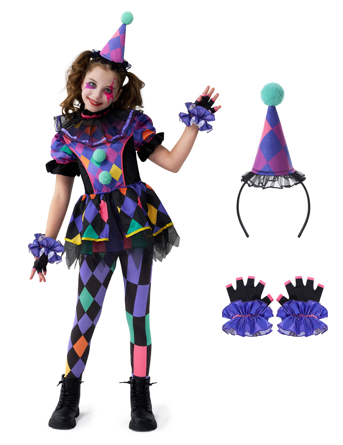 Joyfy Girls Clown Costume, Halloween Scary Clown Costume, Dark Colorful Twisted Clown Jester Dress for Girls Halloween Dress Up, Role Play, Cosplay Party