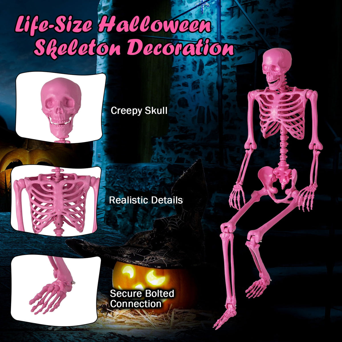 Costway 5.5 FT Poseable Halloween Skeleton Life-Size Decoration with Movable Joints Pink
