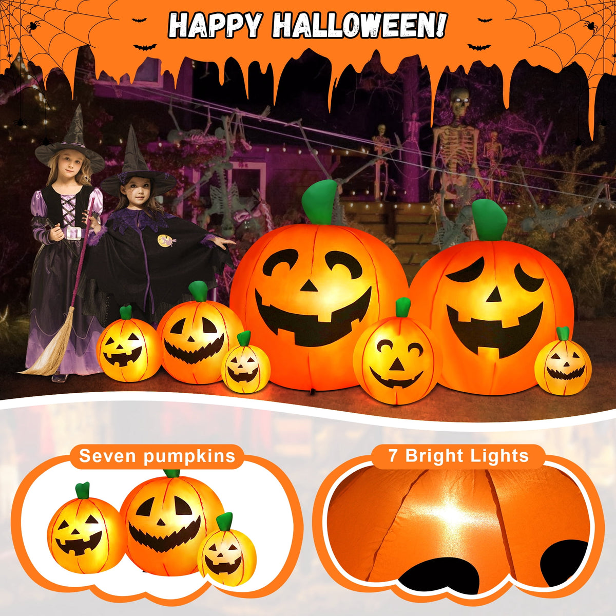 Yexmas 8 FT Halloween Inflatables Pumpkin, 7 Pumpkins Halloween Outdoor Decoration with Built-in LED Lights, Halloween Blow Ups for Yard, Lawn, Garden Decor