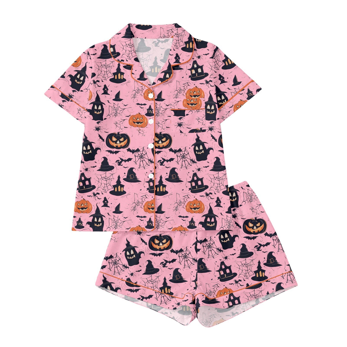 CUZIBR Girls Halloween Pajamas Sets Soft Comfortable Ghost Pumpkin Lapel Button Short Sleeve Shirt Elastic Waist Shorts 2 Pieces Sleep Loungewear Relaxed Sleepwear Outfits, Orange-C