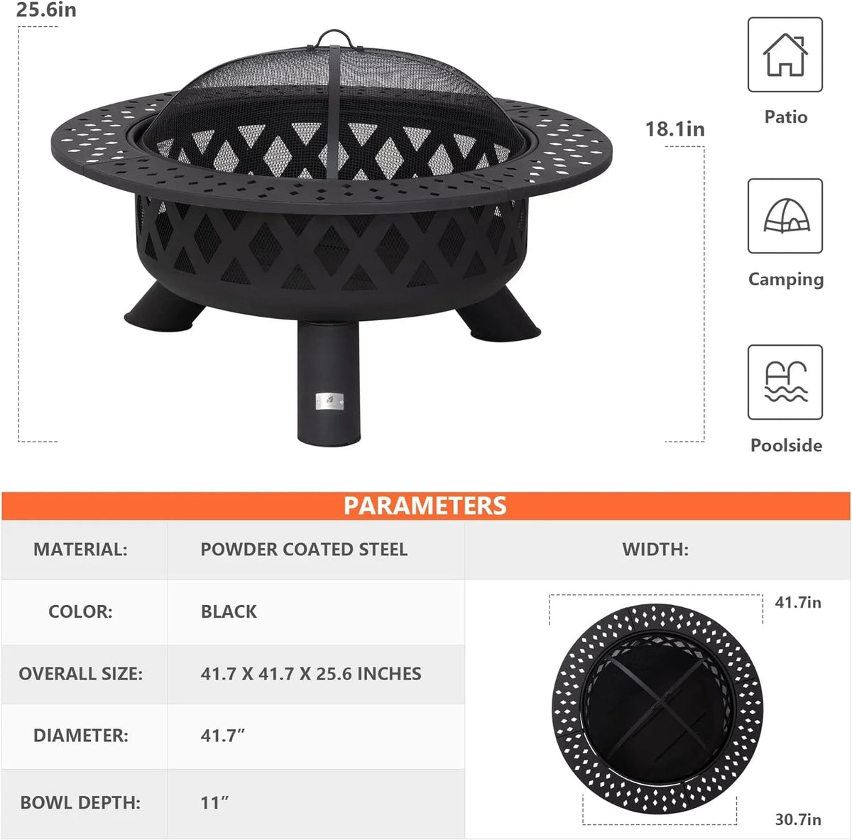 SUNCREAT 42-Inch Wood Burning Patio Fire Pit, Black, 42.1 Inch Diameter x 25.2 Inch High