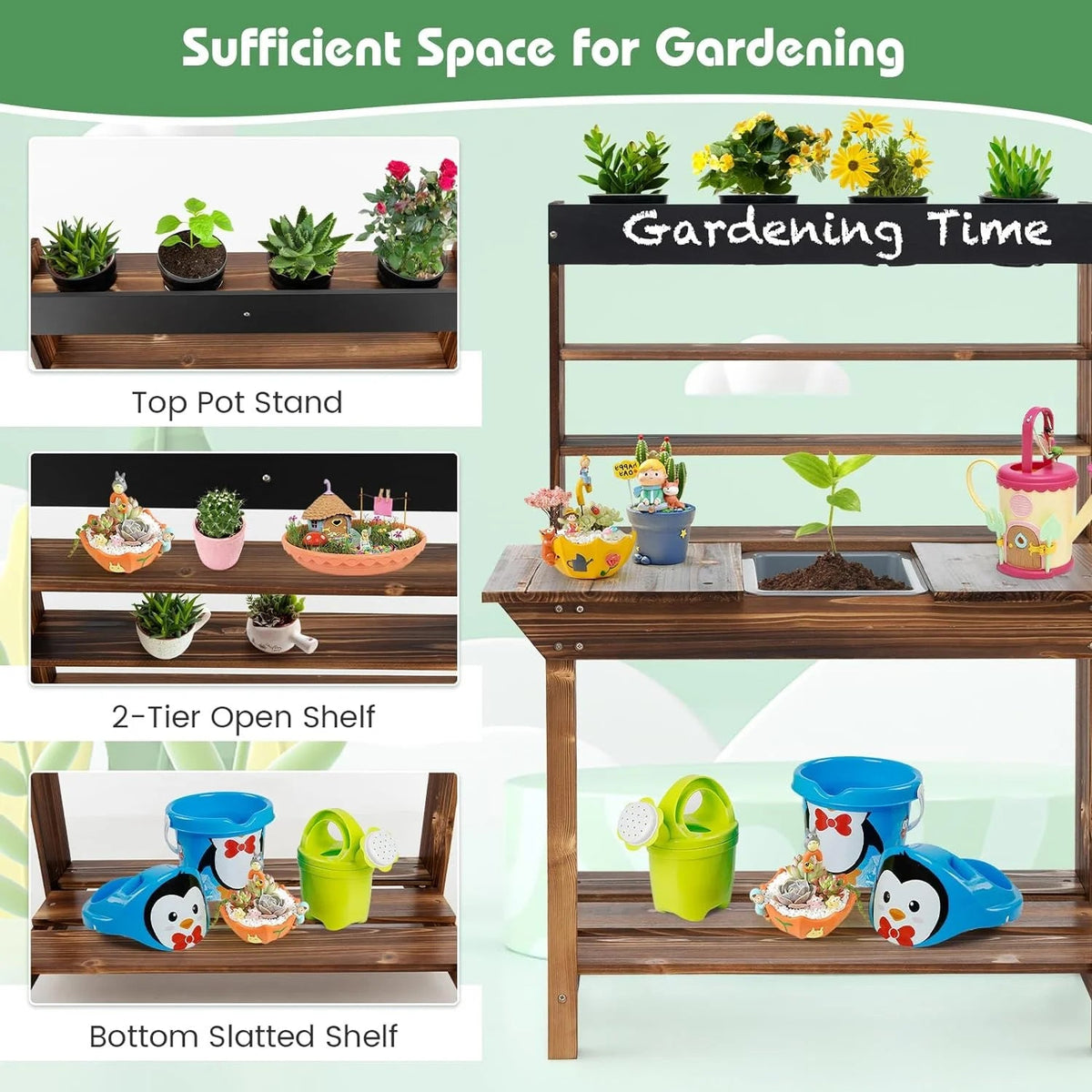 DORTALA Kids Potting Bench Mud Kitchen, Fir Wood, 4 Pots, 28 x 16 x 36 in