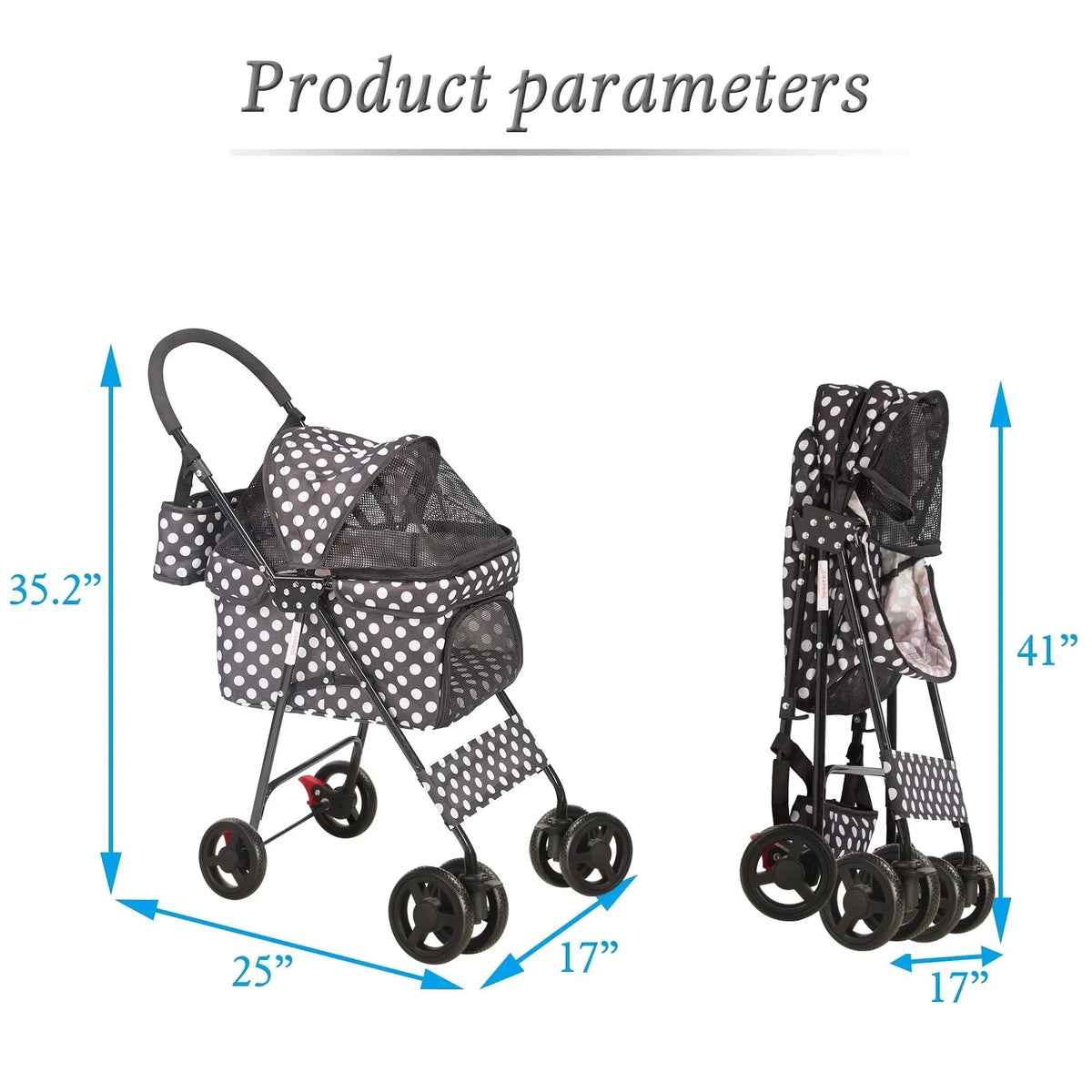 Foldable Pet Travel Stroller For Cats & Dogs, Waterproof, 4 Wheels, Black