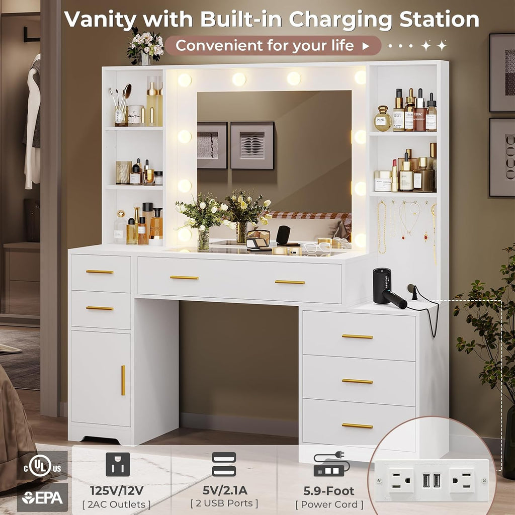 Hasuit Vanity Desk With Lighted Mirror, 48.8 in, White, 6 Drawers, 4 Shelves, 1 Storage Cabinet