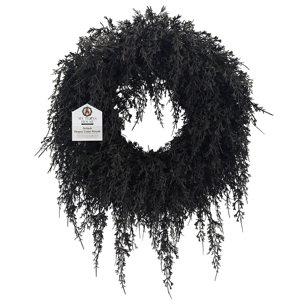 My Texas House Halloween Drapey Faux Cedar Wreath, Black, 24"