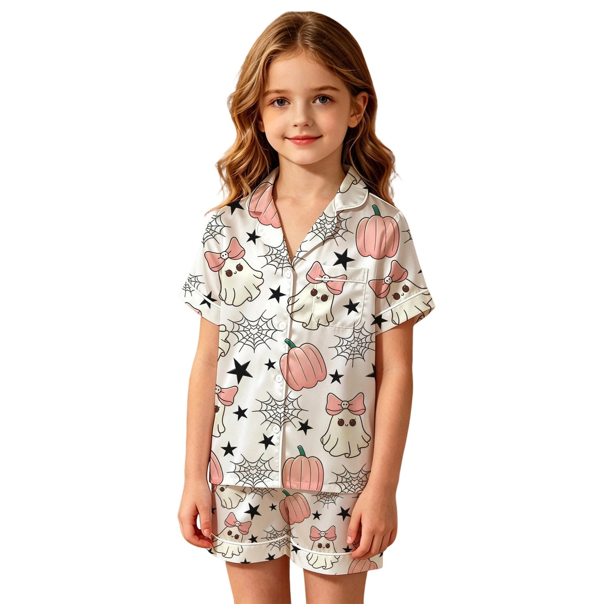 CUZIBR Girls Halloween Pajamas Sets Soft Comfortable Ghost Pumpkin Lapel Button Short Sleeve Shirt Elastic Waist Shorts 2 Pieces Sleep Loungewear Relaxed Sleepwear Outfits, Orange-C