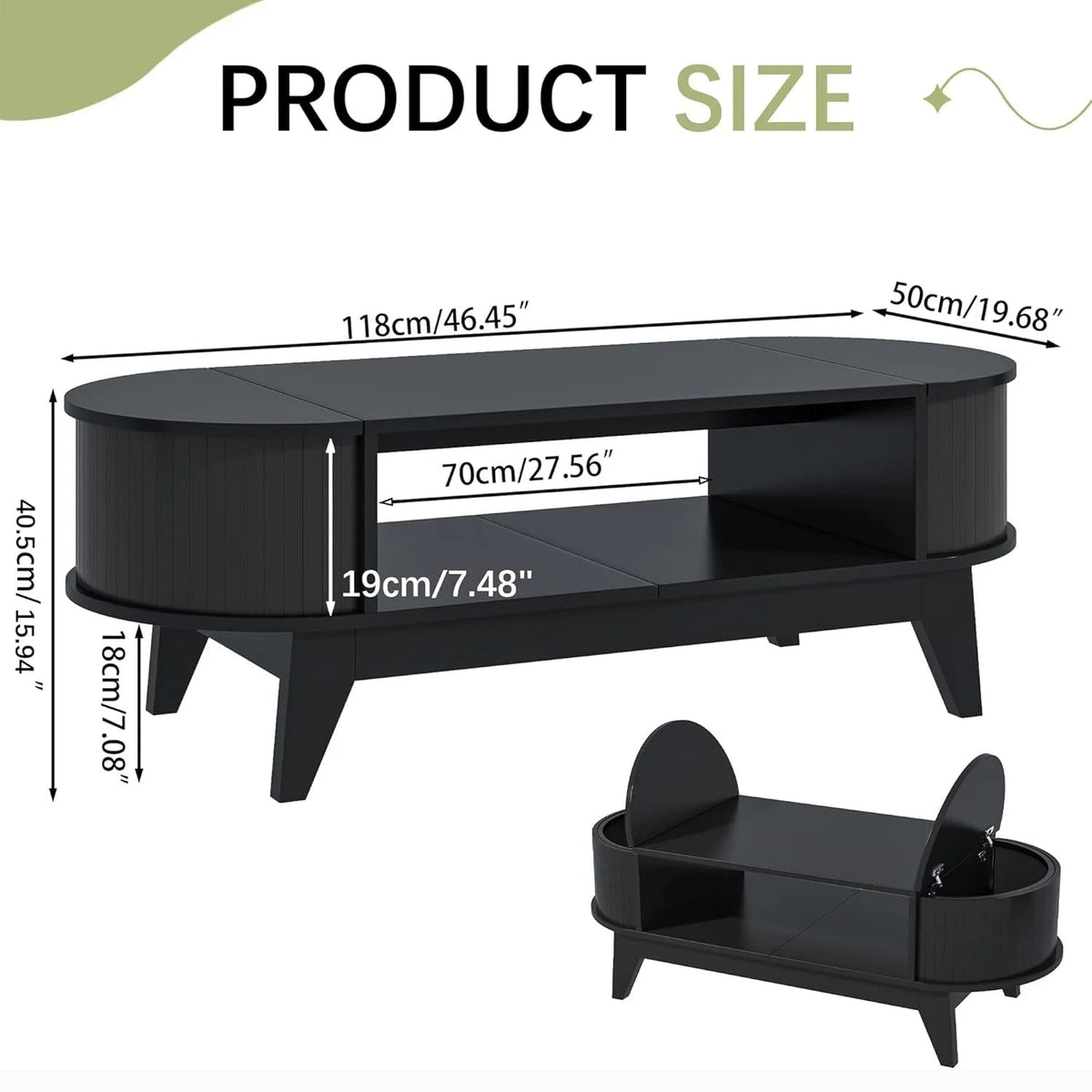 Fluted Oval Coffee Table With Storage, 46.45 x 19.68 x 15.94 in