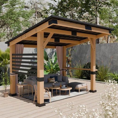 10x12FT Outdoor All-Season Wooden Cedar Hardtop Gazebo With Metal Roof And Back Curtains - SAK57184