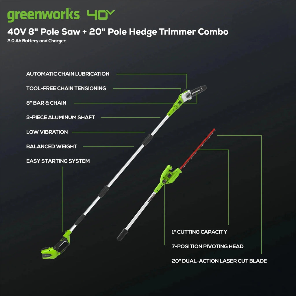 Greenworks 40V 20in Pole Saw With Hedge Trimmer Attachment, 2.0 Ah Battery And Charger