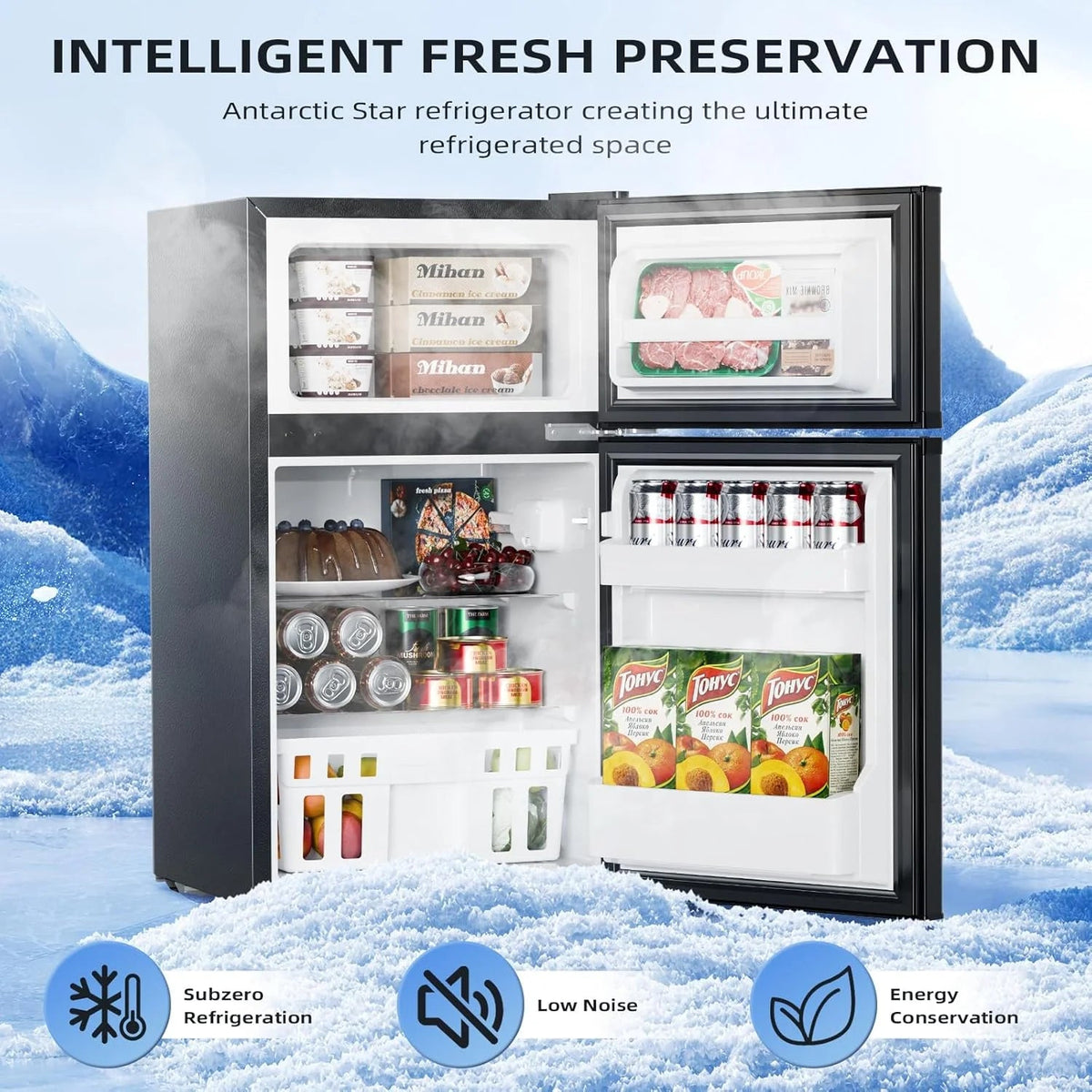 Antarctic Star Double Door Mini Refrigerator With Freezer, 3.2 Cu.Ft
