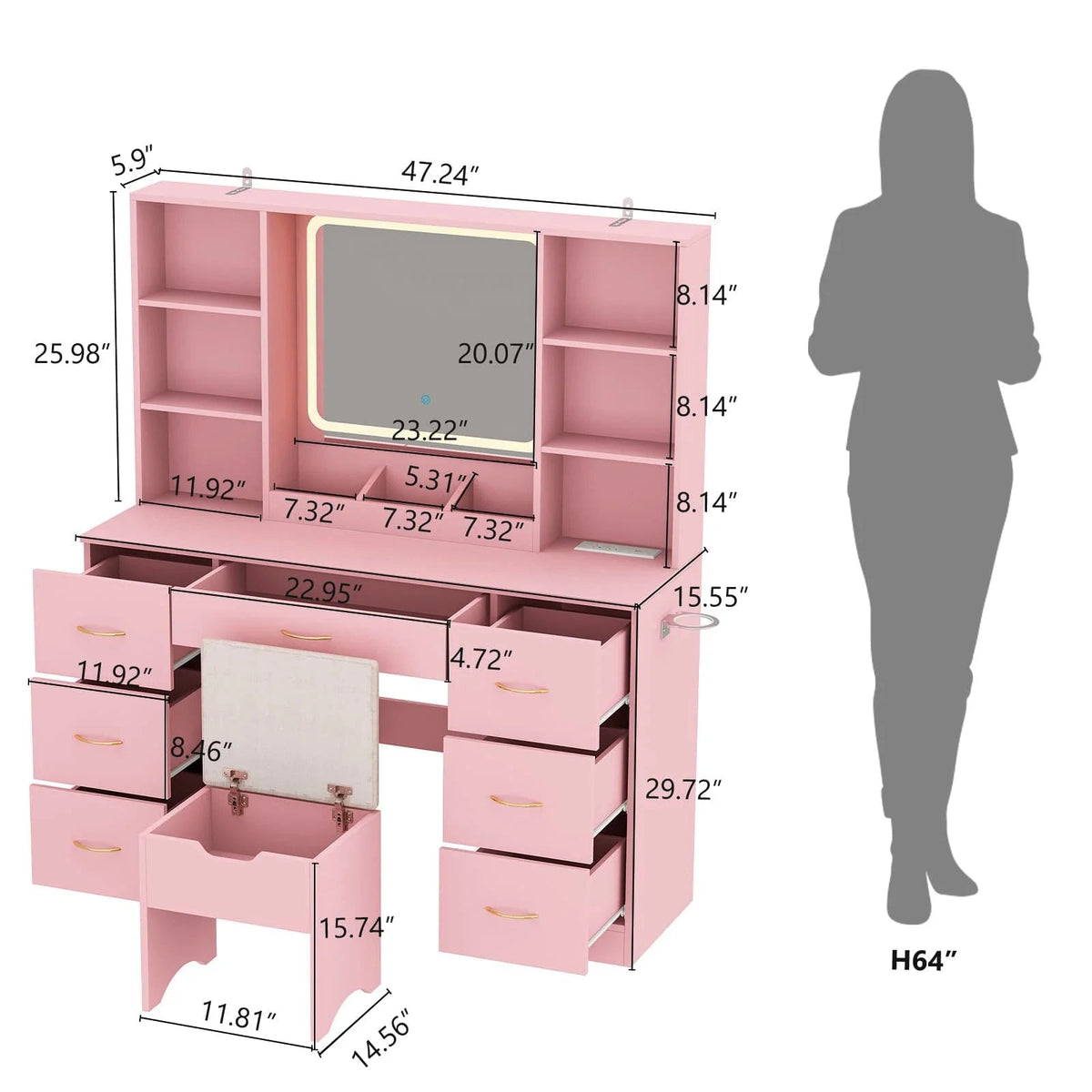ChVans 47in Vanity Desk Set With LED Lighted Mirror, 7 Drawers, 6 Shelves, Cushioned Storage Stool - Black