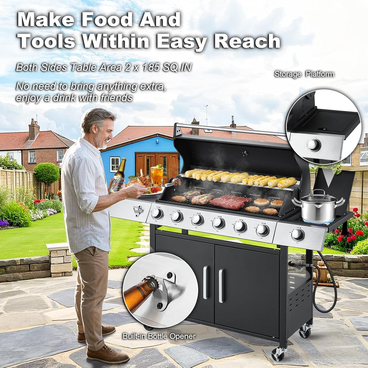 4-Burner Propane Gas Grill With Cast Iron Grates, Side Stove And 44,000 BTU Stainless Steel Burners