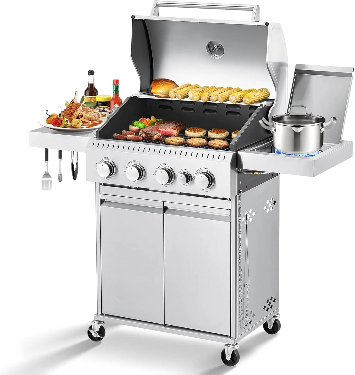 4-Burner Propane Gas Grill With Cast Iron Grates, Side Stove And 44,000 BTU Stainless Steel Burners