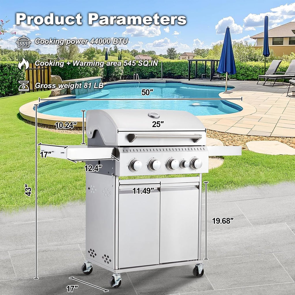 4-Burner Propane Gas Grill With Cast Iron Grates, Side Stove And 44,000 BTU Stainless Steel Burners