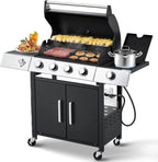 4-Burner Propane Gas Grill With Cast Iron Grates, Side Stove And 44,000 BTU Stainless Steel Burners