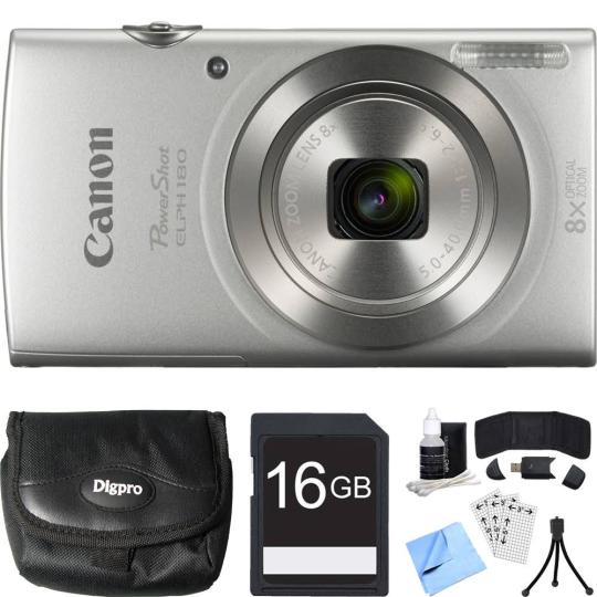 Canon PowerShot ELPH 180 Digital Camera, 20MP, 8x Optical Zoom, Silver, 16GB Card Bundle - ELPH 180
