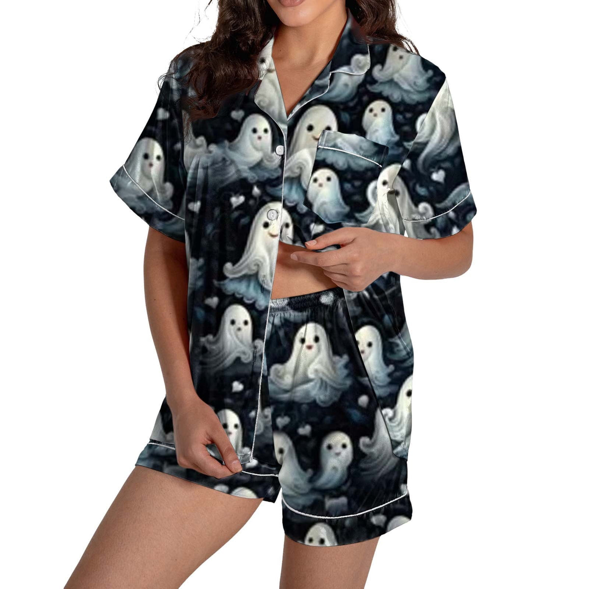 ChenYiFH Halloween Pajama Sets For Women 2 Piece Pumpkin Print Shirts And Pajamas Shorts Button Down Short Sleeve Sleepwear Black S