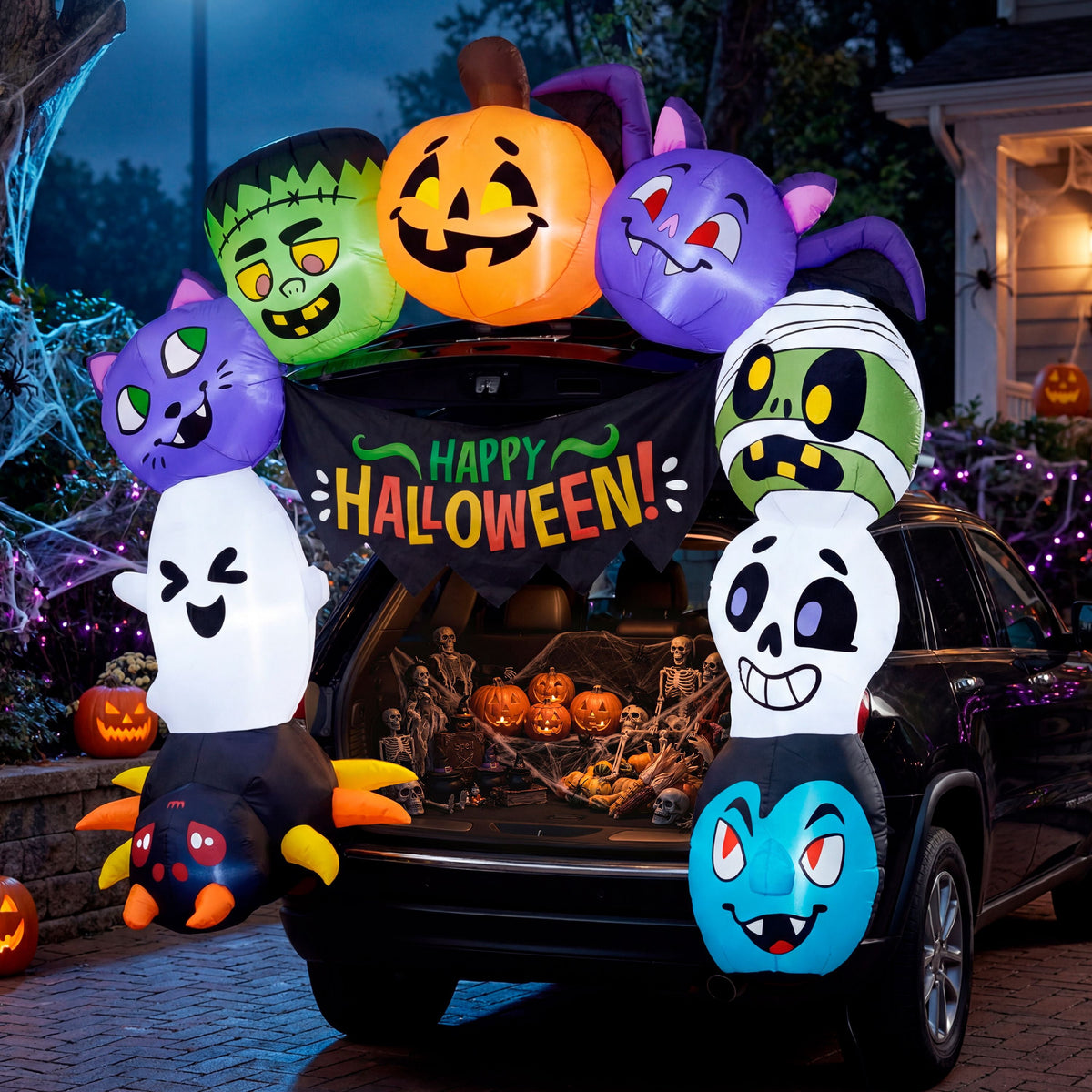 Joyfy 6 ft Halloween Inflatable Archway Decoration with Multi-Characters, Trunk or Treat Car Decorations Kit Archway with Built-in LED Light for Halloween Party, Outdoor, Yard, Garden Decor