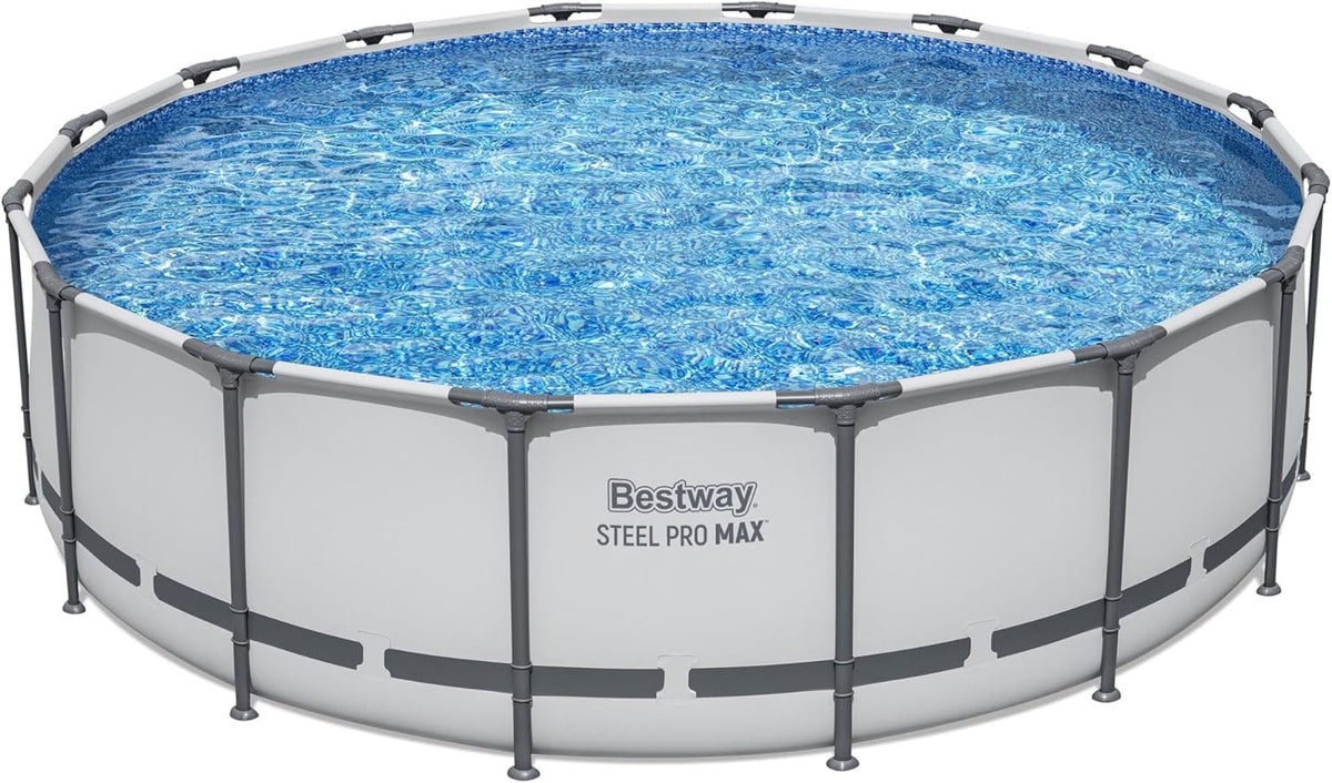 Steel Pro MAX 14 Foot x 48 Inch Round Steel Frame Above Ground Pool Set With 1,000 Filter Pump, Ladder And Cover - Gray