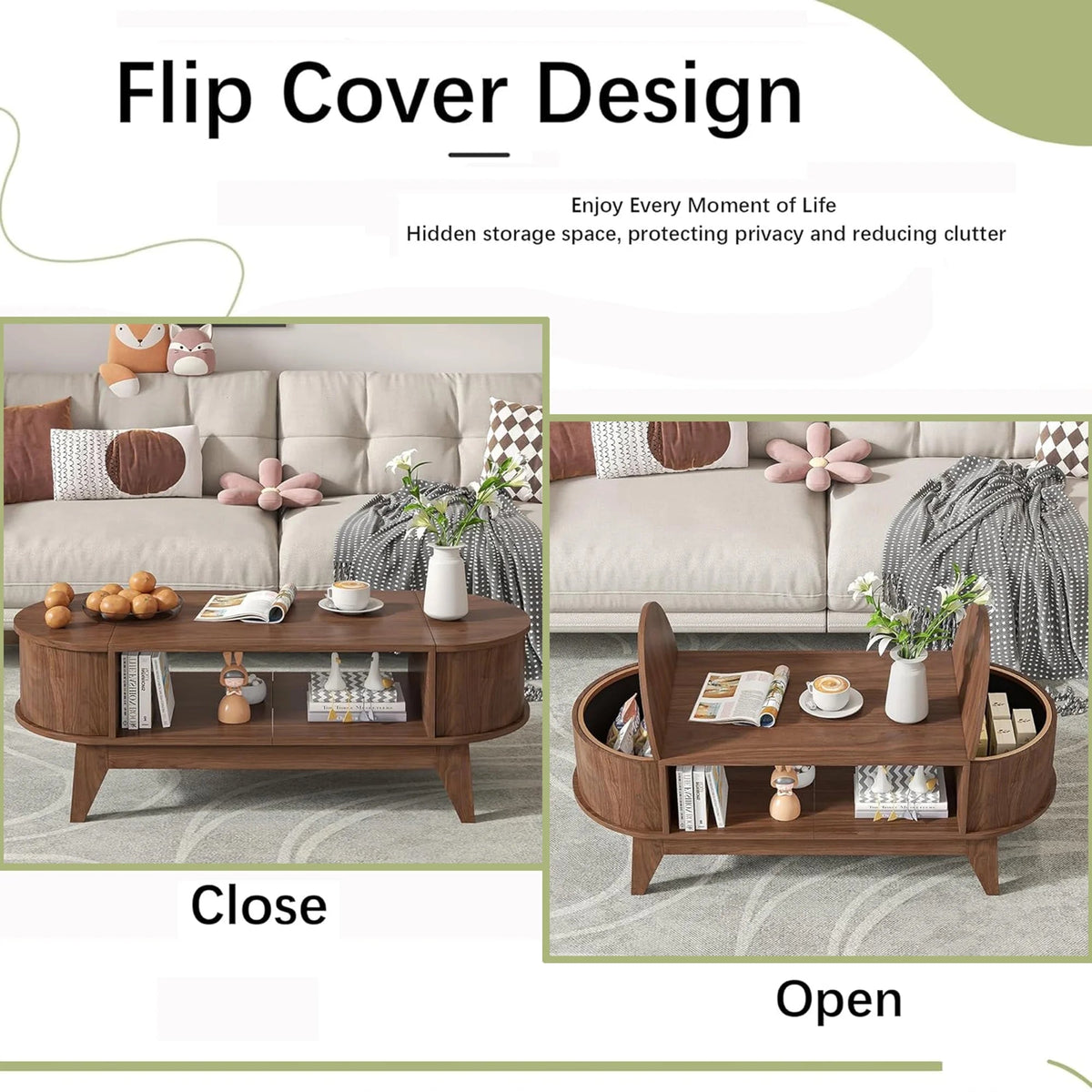 Fluted Oval Coffee Table With Storage, 46.45 x 19.68 x 15.94 in
