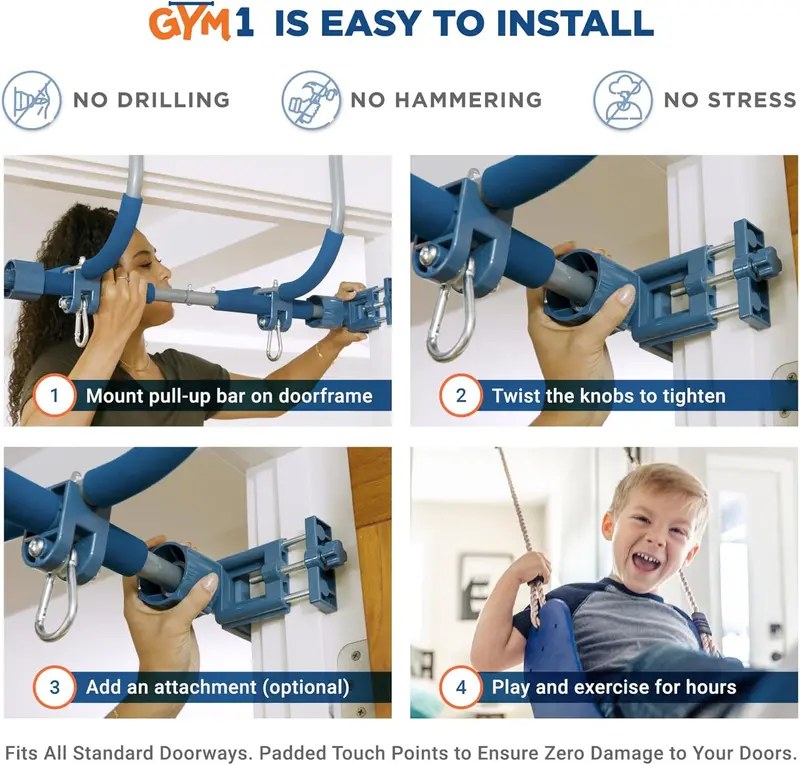 PIPG Indoor Doorway Gym Set, Blue Steel Frame, 6-Piece, 300 lbs Capacity - 021-PIPG-CBOX