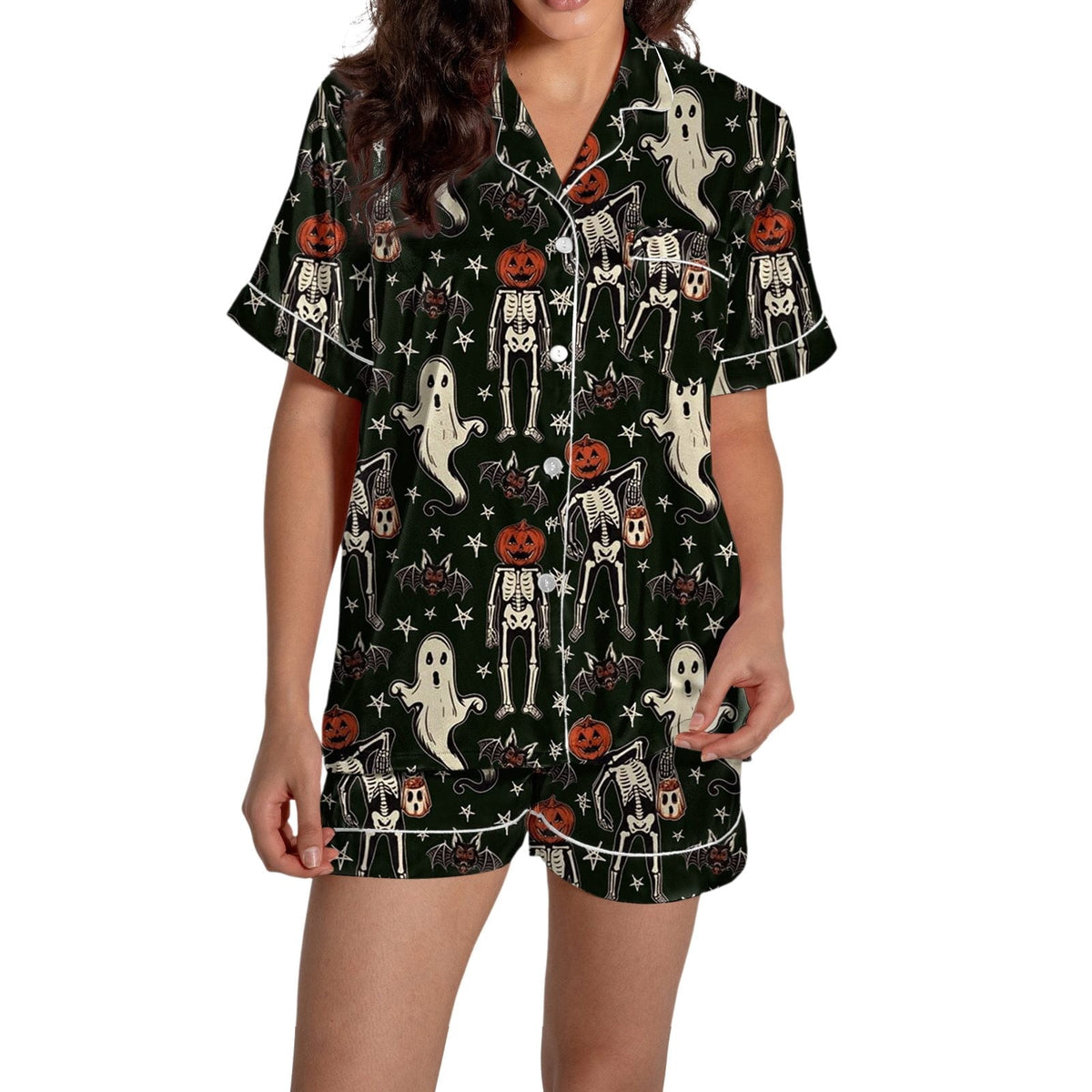 ChenYiFH Halloween Pajama Sets For Women 2 Piece Pumpkin Print Shirts And Pajamas Shorts Button Down Short Sleeve Sleepwear Black S