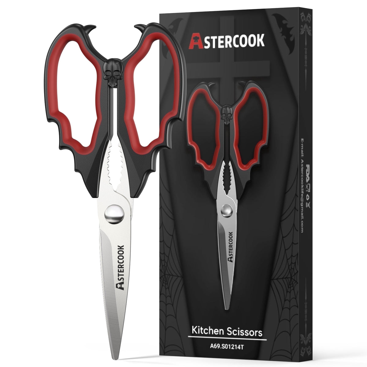 Astercook Halloween Kitchen Scissors, Gothic Skull Heavy Duty Shears for Cooking, Poultry, Herbs – Spooky Pumpkin Design, Dishwasher Safe