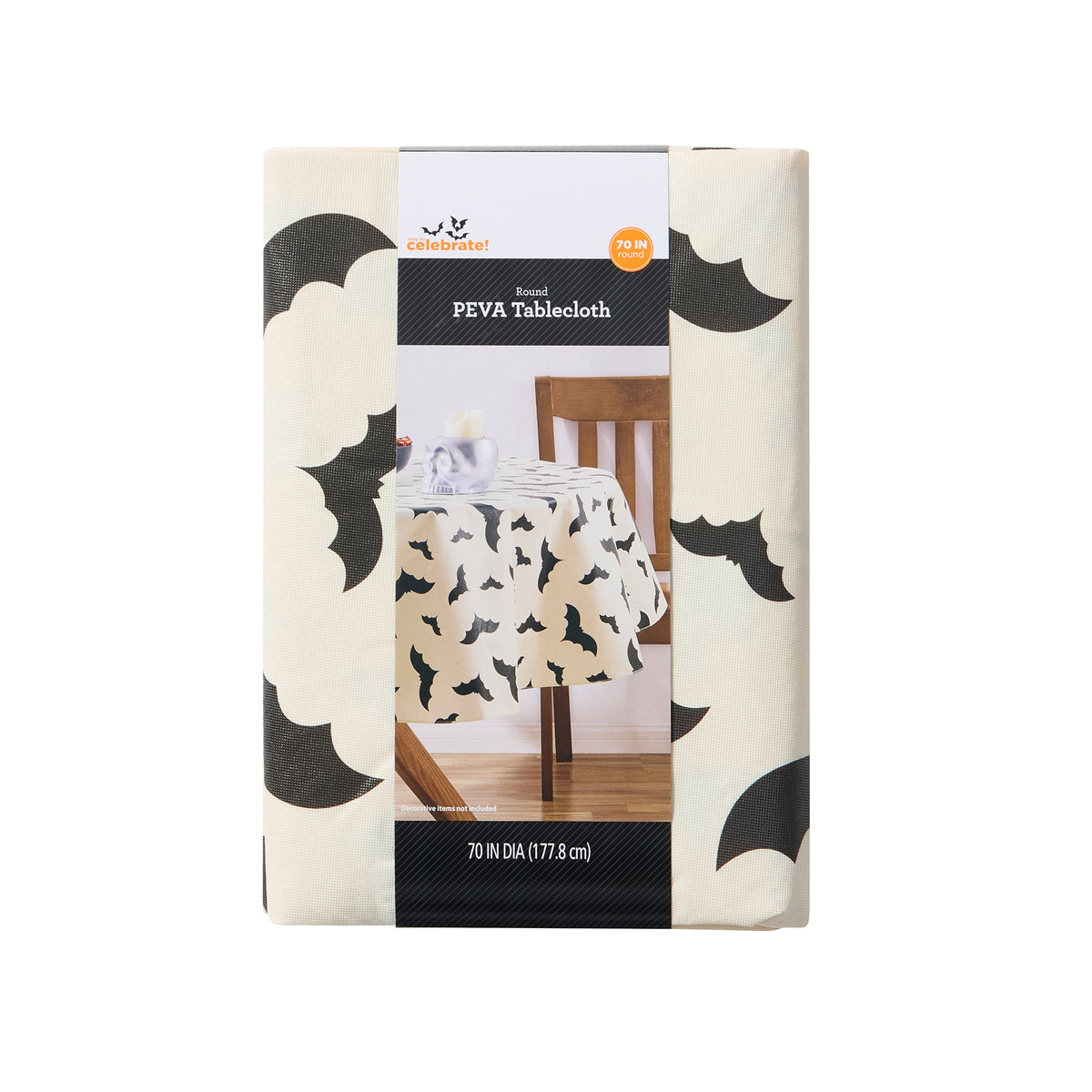 Way To Celebrate Halloween PEVA Tablecloth Indoor & Outdoor Table 70" Round - Bat Toss