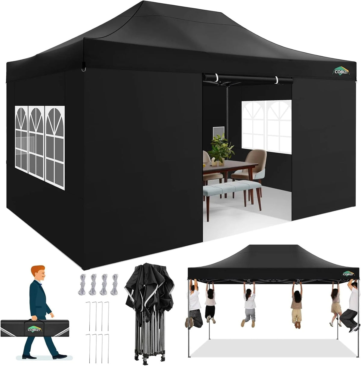 COBIZI 10x20 Heavy Duty Pop-Up Canopy Tent With 6 Sidewalls - Black