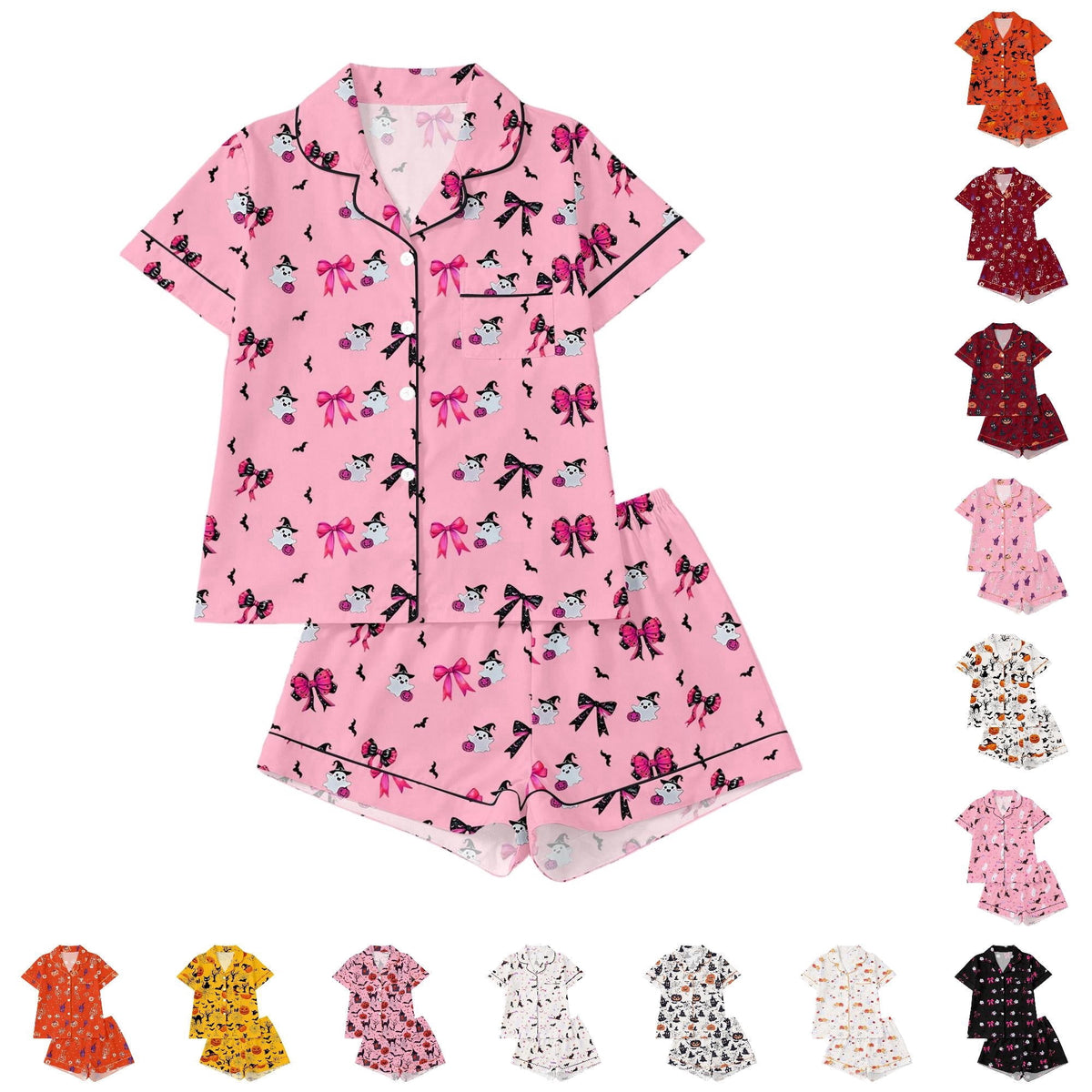 CUZIBR Girls Halloween Pajamas Sets Soft Comfortable Ghost Pumpkin Lapel Button Short Sleeve Shirt Elastic Waist Shorts 2 Pieces Sleep Loungewear Relaxed Sleepwear Outfits, Orange-C