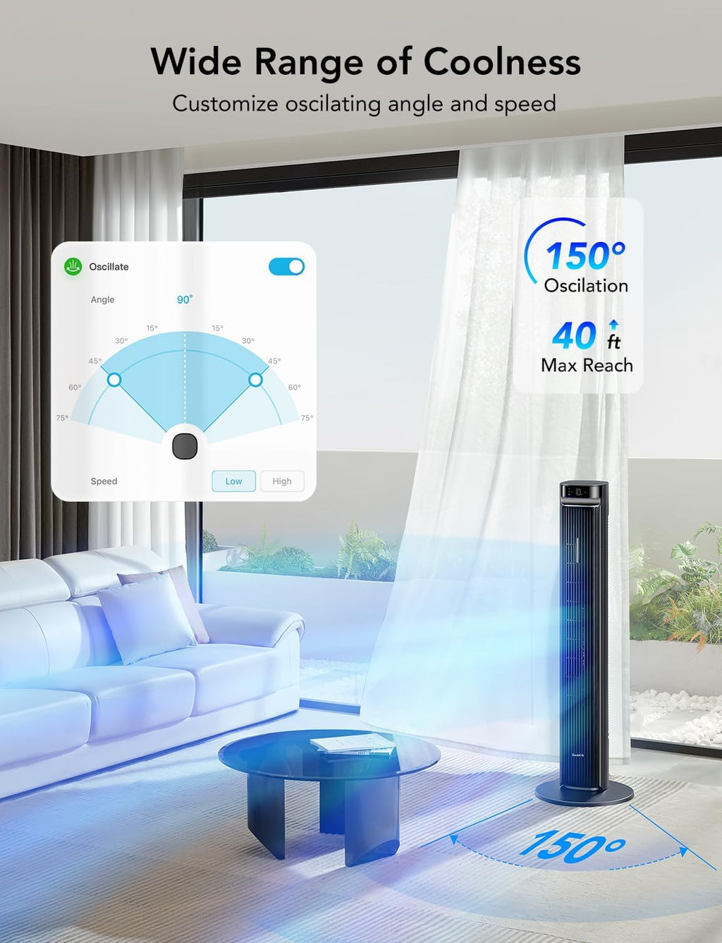 GoveeLife 42in Smart Tower Fan, 12 Speeds, 5 Modes, Black