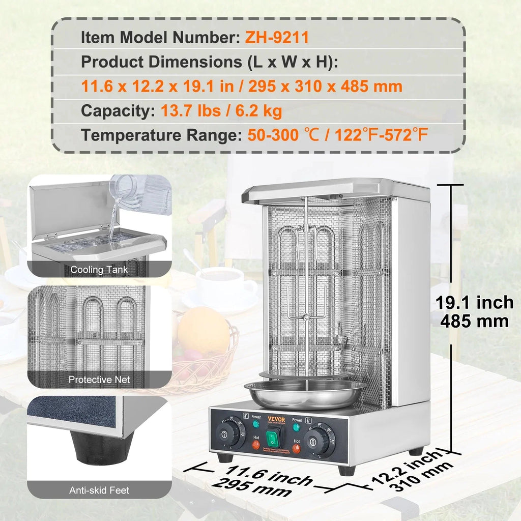 KFFKFF Electric Shawarma Rotisserie Grill 1700W 2 Burners Stainless Steel - ZH-9211