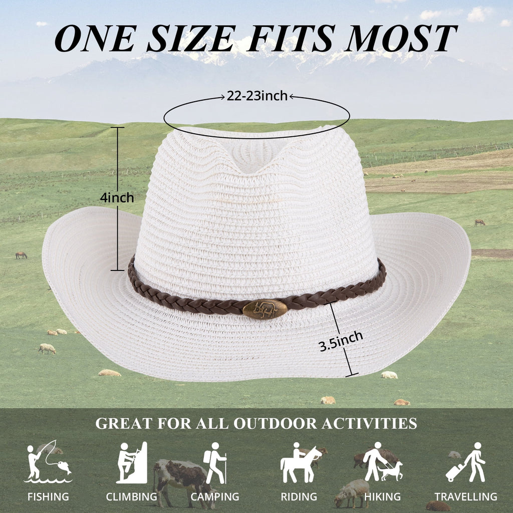 COOPLUS Straw Cowboy Hat for Women Western Cowgirl Adjustable Chin Strap Hats for Summer