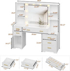 Hasuit Vanity Desk With Lighted Mirror, 48.8 in, White, 6 Drawers, 4 Shelves, 1 Storage Cabinet