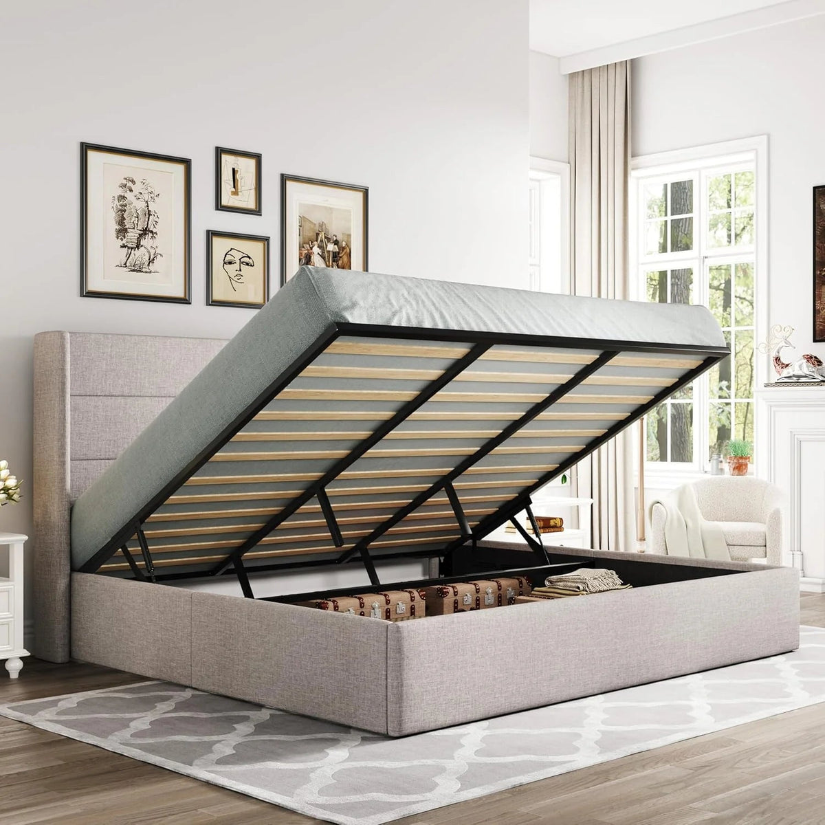 Allewie Queen Lift Up Storage Bed Frame With Wingback Headboard, Light Beige - 80.7 x 60.6 x 44.5 in