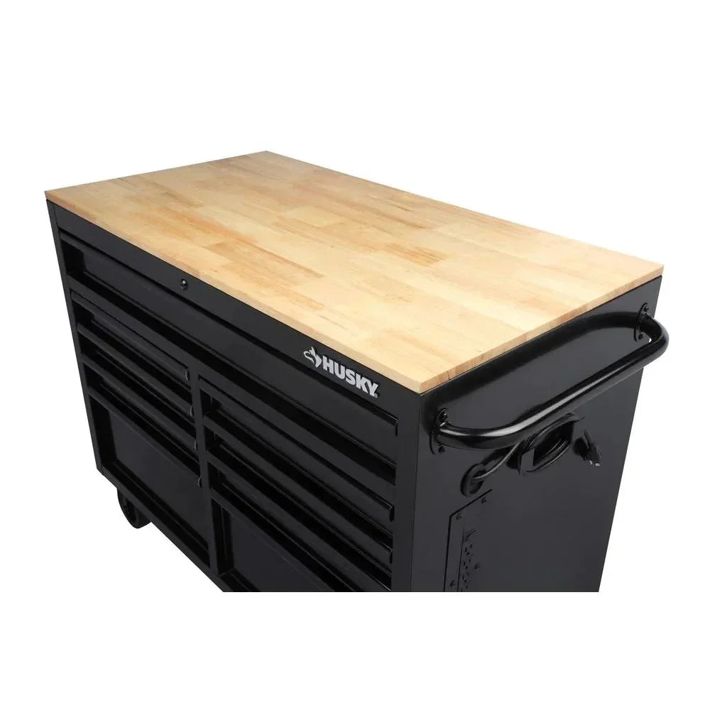 Husky Mobile Workbench With 9 Drawers, Hardwood Top And Power Connection, 117 cm W x 62 cm D - High-Gloss Black